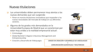 Nuevas titulaciones
33
 Las universidades deben permanecer muy atentas a las
nuevas demandas que van surgiendo
 Poner en marcha titulaciones innovadoras que respondan a las
nuevas necesidades del mercado de trabajo en sus diferentes
sectores.
 Algunos de los grados más demandados en la
Universidad Europea de Madrid que se caracterizan por
estar muy unidos a la realidad empresarial actual:
 Criminología
 Global Bachelor’s Degree in Business Management and
Entrepreneurship
 Creación y Desarrollo de Videojuegos GRADO EN CREACIÓN Y DESARROLLO DE VIDEOJUEGOS
+
COMUNICACIÓN AUDIOVISUAL Y MULTIMEDIA
 