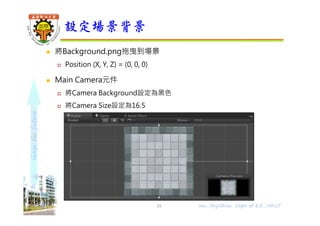 shapethefuture
 將Background.png拖曳到場景
 Position (X, Y, Z) = (0, 0, 0)
 Main Camera元件
 將Camera Background設定為黑色
 將Camera Size設定為16.5
設定場景背景
Wu, ShyiShiou Dept. of E.E., NKUT18
 