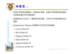 shapethefuture
 物理世界兩個物體撞在⼀起會發生碰撞，遊戲世界裡要透過碰撞器
來模擬現實世界的碰撞情形
 碰撞器是在元件加入⼀層透明的偵測層，代表元件物理效應發生的
範圍
 Component> Physics 2D選單內可找到所有碰撞器
 Circle Collider 2D
 Box Collider 2D
 Polygon Collider 2D
 Edge Collider 2D
 Capsule Collider 2D
 Composite Collider 2D
碰撞器 1/4
Wu, ShyiShiou Dept. of E.E., NKUT7
 