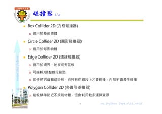 shapethefuture
 Box Collider 2D (方框碰撞器)
 適用於矩形物體
 Circle Collider 2D (圓形碰撞器)
 適用於球形物體
 Edge Collider 2D (邊緣碰撞器)
 適用於邊界、地板或天花板
 可編輯/調整線段節點
 即使將它編輯成矩形，也只有在線段上才會碰撞，內部不會產生碰撞
 Polygon Collider 2D (多邊形碰撞器)
 能較精準貼近不規則物體，但會耗用較多運算資源
碰撞器 2/4
Wu, ShyiShiou Dept. of E.E., NKUT8
 