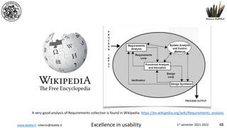 www.dadda.it roberto@dadda.it Excellence in usability 1st semester 2021-2022 48
A very good analysis of Requirements collection is found in Wikipedia: https://en.wikipedia.org/wiki/Requirements_analysis
 