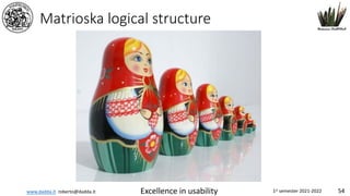 www.dadda.it roberto@dadda.it Excellence in usability 1st semester 2021-2022 54
Matrioska logical structure
 