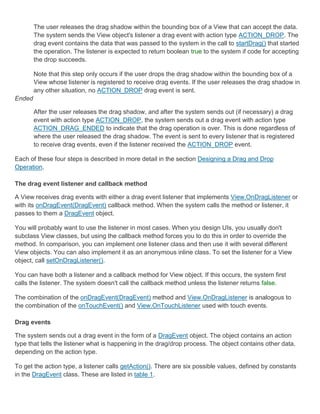 The user releases the drag shadow within the bounding box of a View that can accept the data.
        The system sends the View object's listener a drag event with action type ACTION_DROP. The
        drag event contains the data that was passed to the system in the call to startDrag() that started
        the operation. The listener is expected to return boolean true to the system if code for accepting
        the drop succeeds.

        Note that this step only occurs if the user drops the drag shadow within the bounding box of a
        View whose listener is registered to receive drag events. If the user releases the drag shadow in
        any other situation, no ACTION_DROP drag event is sent.
Ended

        After the user releases the drag shadow, and after the system sends out (if necessary) a drag
        event with action type ACTION_DROP, the system sends out a drag event with action type
        ACTION_DRAG_ENDED to indicate that the drag operation is over. This is done regardless of
        where the user released the drag shadow. The event is sent to every listener that is registered
        to receive drag events, even if the listener received the ACTION_DROP event.

Each of these four steps is described in more detail in the section Designing a Drag and Drop
Operation.

The drag event listener and callback method

A View receives drag events with either a drag event listener that implements View.OnDragListener or
with its onDragEvent(DragEvent) callback method. When the system calls the method or listener, it
passes to them a DragEvent object.

You will probably want to use the listener in most cases. When you design UIs, you usually don't
subclass View classes, but using the callback method forces you to do this in order to override the
method. In comparison, you can implement one listener class and then use it with several different
View objects. You can also implement it as an anonymous inline class. To set the listener for a View
object, call setOnDragListener().

You can have both a listener and a callback method for View object. If this occurs, the system first
calls the listener. The system doesn't call the callback method unless the listener returns false.

The combination of the onDragEvent(DragEvent) method and View.OnDragListener is analogous to
the combination of the onTouchEvent() and View.OnTouchListener used with touch events.

Drag events

The system sends out a drag event in the form of a DragEvent object. The object contains an action
type that tells the listener what is happening in the drag/drop process. The object contains other data,
depending on the action type.

To get the action type, a listener calls getAction(). There are six possible values, defined by constants
in the DragEvent class. These are listed in table 1.
 