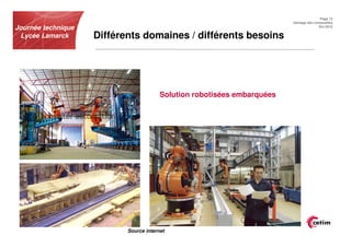 Page 13
                                                                         Usinage des composites
Journée technique                                                                      Oct.2012


 Lycée Lamarck      Différents domaines / différents besoins




                                        Solution robotisées embarquées




                           Source internet
 