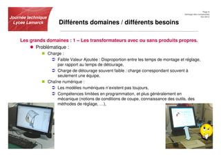 Page 8
                                                                                           Usinage des composites
Journée technique                                                                                        Oct.2012


 Lycée Lamarck           Différents domaines / différents besoins

    Les grands domaines : 1 – Les transformateurs avec ou sans produits propres.
           Problématique :
                    Charge :
                        Faible Valeur Ajoutée : Disproportion entre les temps de montage et réglage,
                        par rapport au temps de détourage,
                        Charge de détourage souvent faible : charge correspondant souvent à
                        seulement une équipe,
                    Chaîne numérique :
                        Les modèles numériques n’existent pas toujours,
                        Compétences limitées en programmation, et plus généralement en
                        mécanique (notions de conditions de coupe, connaissance des outils, des
                        méthodes de réglage, …),
 