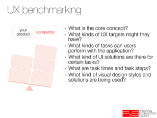 UX benchmarking
   your 
                 ➝  What is the core concept?
            competitor
 product
                 ➝  What kinds of UX targets might they
                             have?
                          ➝  What kinds of tasks can users
                             perform with the application?
                          ➝  What kind of UI solutions are there for
                             certain tasks? 
                          ➝  What are task times and task steps? 
                          ➝  What kind of visual design styles and
                             solutions are being used?
 