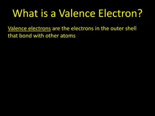 What is a Valence Electron?
Valence electrons are the electrons in the outer shell
that bond with other atoms

 