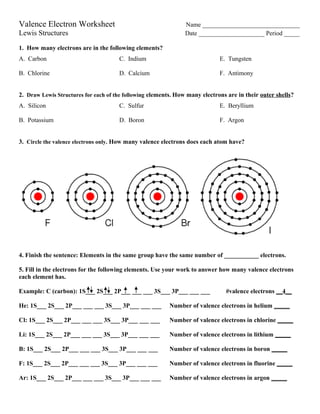 Valence Electron Worksheet

Name _______________________________
Date _____________________ Period _____

Lewis Structures
1. How many electrons are in the following elements?
A. Carbon

C. Indium

E. Tungsten

B. Chlorine

D. Calcium

F. Antimony

2. Draw Lewis Structures for each of the following elements. How many electrons are in their outer shells?
A. Silicon

C. Sulfur

E. Beryllium

B. Potassium

D. Boron

F. Argon

3. Circle the valence electrons only. How many valence electrons does each atom have?

4. Finish the sentence: Elements in the same group have the same number of ___________ electrons.
5. Fill in the electrons for the following elements. Use your work to answer how many valence electrons
each element has.
Example: C (carbon): 1S___ 2S___ 2P___ ___ ___ 3S___ 3P___ ___ ___

#valence electrons __4__

He: 1S___ 2S___ 2P___ ___ ___ 3S___ 3P___ ___ ___

Number of valence electrons in helium _____

Cl: 1S___ 2S___ 2P___ ___ ___ 3S___ 3P___ ___ ___

Number of valence electrons in chlorine _____

Li: 1S___ 2S___ 2P___ ___ ___ 3S___ 3P___ ___ ___

Number of valence electrons in lithium _____

B: 1S___ 2S___ 2P___ ___ ___ 3S___ 3P___ ___ ___

Number of valence electrons in boron _____

F: 1S___ 2S___ 2P___ ___ ___ 3S___ 3P___ ___ ___

Number of valence electrons in fluorine _____

Ar: 1S___ 2S___ 2P___ ___ ___ 3S___ 3P___ ___ ___

Number of valence electrons in argon _____

 