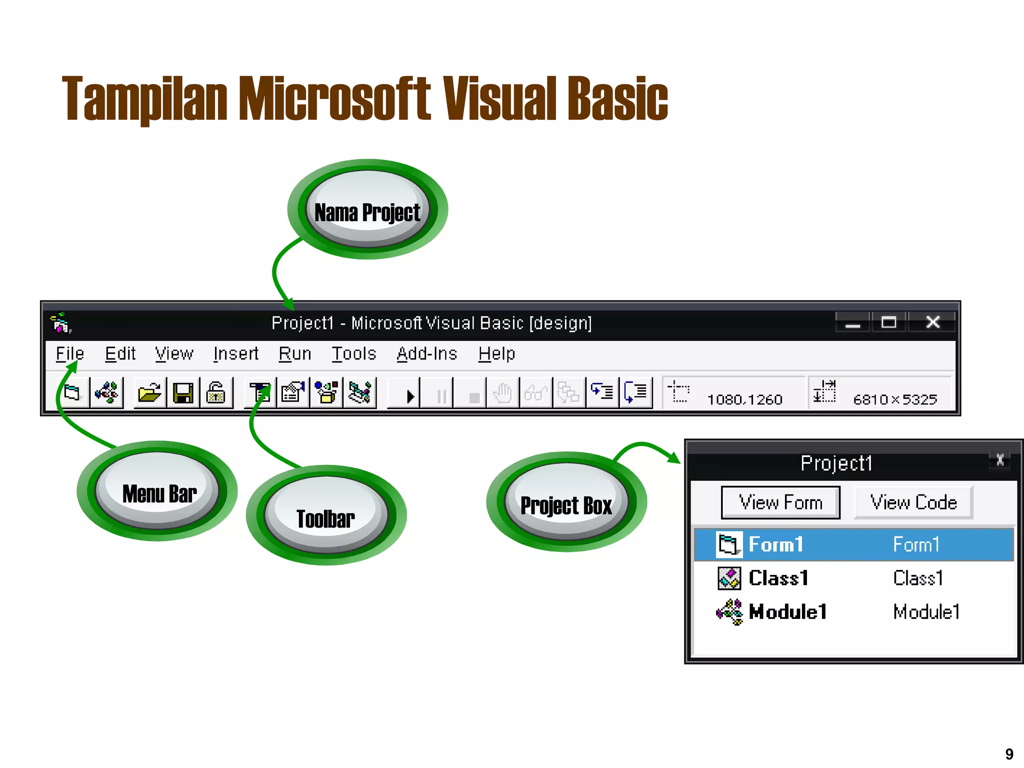 Tampilan Microsoft Visual Basic
9
Nama Project
Menu Bar
Toolbar
Project Box
 