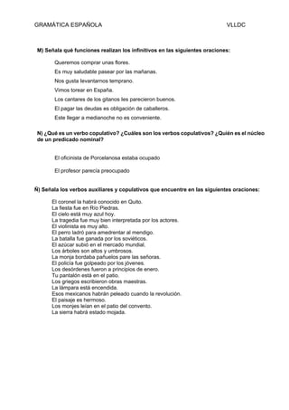 GRAMÁTICA ESPAÑOLA VLLDC
M) Señala qué funciones realizan los infinitivos en las siguientes oraciones:
Queremos comprar unas flores.
Es muy saludable pasear por las mañanas.
Nos gusta Ievantarnos temprano.
Vimos torear en España.
Los cantares de los gitanos Ies parecieron buenos.
El pagar las deudas es obligación de caballeros.
Este llegar a medianoche no es conveniente.
N) ¿Qué es un verbo copulativo? ¿Cuáles son los verbos copulativos? ¿Quién es el núcleo
de un predicado nominal?
El oficinista de Porcelanosa estaba ocupado
El profesor parecía preocupado
Ñ) Señala los verbos auxiliares y copulativos que encuentre en las siguientes oraciones:
El coronel la habrá conocido en Quito.
La fiesta fue en Río Piedras.
El cielo está muy azul hoy.
La tragedia fue muy bien interpretada por los actores.
El violinista es muy alto.
El perro ladró para amedrentar al mendigo.
La batalla fue ganada por los soviéticos.
El azúcar subió en el mercado mundial.
Los árboles son altos y umbrosos.
La monja bordaba pañuelos pare las señoras.
El policía fue golpeado por los jóvenes.
Los desórdenes fueron a principios de enero.
Tu pantalón está en el patio.
Los griegos escribieron obras maestras.
La lámpara está encendida.
Esos mexicanos habrán peleado cuando la revolución.
El paisaje es hermoso.
Los monjes leían en el patio del convento.
La sierra habrá estado mojada.
 