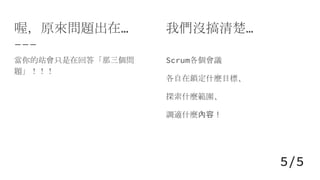 喔，原來問題出在...
當你的站會只是在回答「那三個問
題」！！！
我們沒搞清楚…
Scrum各個會議
各自在鎖定什麼目標、
探索什麼範圍、
調適什麼內容！
5/5
 