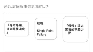 所以這個故事告訴我們…？
「專才專用，
達到最快速度
」
離職
Single Point
Failure
「慢慢」讓大
家會的事差少
一點
 