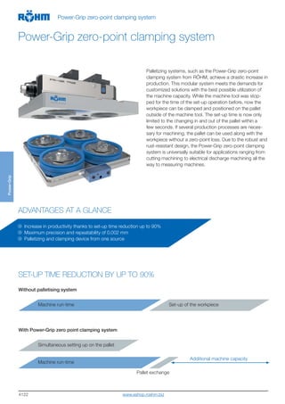 4122
Palletizing systems, such as the Power-Grip zero-point
clamping system from RÖHM, achieve a drastic increase in
production. This modular system meets the demands for
customized solutions with the best possible utilization of
the machine capacity. While the machine tool was stop-
ped for the time of the set-up operation before, now the
workpiece can be clamped and positioned on the pallet
outside of the machine tool. The set-up time is now only
limited to the changing in and out of the pallet within a
few seconds. If several production processes are neces-
sary for machining, the pallet can be used along with the
workpiece without a zero-point loss. Due to the robust and
rust-resistant design, the Power-Grip zero-point clamping
system is universally suitable for applications ranging from
cutting machining to electrical discharge machining all the
way to measuring machines.
Increase in productivity thanks to set-up time reduction up to 90%
Maximum precision and repeatability of 0.002 mm
Palletizing and clamping device from one source
SET-UP TIME REDUCTION BY UP TO 90%
Without palletising system
Machine run-time Set-up of the workpiece
Machine run-time
Pallet exchange
Simultaneous setting up on the pallet
With Power-Grip zero point clamping system
Additional machine capacity
ADVANTAGES AT A GLANCE
Power-Grip
Power-Grip zero-point clamping system
Power-Grip zero-point clamping system
www.eshop.roehm.biz
 