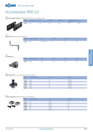 4029
AccessoriesNC-
CompactvicesRKE-LV
NC-Compact vices
Accessories RKE-LV
A37
Hand crank, turnable handle, hexagon socket
Item no. Contents of delivery Size Hexagon A mm L mm
134600 piece 125/160/200 14 104 160
A37
90° Angle drive
Item no. Contents of delivery Size A mm B mm C mm
158339 piece 125 133 106 98
A37
Single clamp SPE, for mounting vices on end and on the base.
Item no. Contents of delivery T-slot Thread
149121 piece 12 M10x50
149122 piece 14 M12x55
149123 piece 16 M12x60
149124 piece 18 M16x60
155722 piece 20 M16x65
151507 piece 22 M16x65
A37
Fixed slot nuts NTS, hardened and ground, with fixing screw
Item no. Contents of delivery Size Length mm
014823 set 20x12 22
014825 set 20x14 25
014827 set 20x16 25
014829 set 20x18 25
014831 set 20x20 22
014833 set 20x22 32
     on request
A37
V-jaw and standard jaw SBO, unhardened and burnished, with workpiece support
Item no. Contents of delivery Size Width mm Height mm Chucking capacity mm
Horizontal Vertical
317260 set 125 135 39,8 3-13 6-40
www.eshop.roehm.biz
 