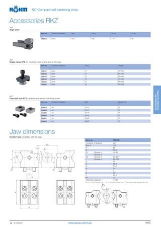 4065
AccessoriesNC-
CompactvicesRKZ
NC-Compact self centering vices
Accessories RKZ
A37
Angle drive
Item no. Contents of delivery Size A mm B mm C mm
159015 piece 125 190 110 98
A37
Single clamp SPE, for mounting vices on end and on the base
Item no. Contents of delivery T-slot Thread
149121 piece 12 M10x50
149122 piece 14 M12x55
149123 piece 16 M12x60
149124 piece 18 M16x60
155722 piece 20 M16x65
151507 piece 22 M16x65
A37
Fixed slot nuts NTS, hardened and ground, with fixing screw
Item no. Contents of delivery Size Length mm
014823 set 20x12 22
014825 set 20x14 25
014827 set 20x16 25
014829 set 20x18 25
014831 set 20x20 22
014833 set 20x22 32
     on request
Double V-jaw, reversible, with fine step
Item no. 169756
Contents of delivers set
Size A 125
B 86
C 84,5
D1 Groove 1 15-40
Groove 2 -
D2 Groove 1 30-92**
Groove 2 89-105
E 54
F 69,5
G 51,5
H 24
J 3
K 56
L 22,6
M 12
Clamping capacity 1)
7-186
* Ø 63-75 side loading only; ** Ø 72-92 side loading only;
1)
Clamping range example RKZ-M
Jaw dimensions
www.eshop.roehm.biz
 