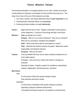 Vision, Mission, Values
The practical articulation in everyday behavior of our vision, mission and values
is what guides our decisions, and shapes our lives and the lives around us. The
value of our lives is the sum of the decisions we make.
1. Our vision, mission, and values determine what is most important to us.
2. Knowing what’s important allows us to prioritize.
3. Knowing priorities enables us to act decisively.
Vision –

Begin with the end in mind. Imagine a destination worth going to.
Vision Statement – A picture of how things will look in the future.

Mission –

How we will get to our vision.
People – Who is in our circle of influence? Who are our mentors?
Who are our successors, disciples and protégés?
Path – What route will we take to accomplish our vision?
Plan – Describe the timeline, phases and goals. Make them easily
measurable, and rehearse old wins.
Purpose – Why we are here?

Values –

The core beliefs that force one to make a decision between two or
more viable options
Principles – How we put our values into action to manage our
business
Example of values: Integrity, passion for excellence, stewardship,
respect, collaboration, life long learning, innovation

Motivation
Fear
It is the power of fear that causes change to begin
Fear produces short-term results.
Aspiration
It is the power of aspiration that causes change to continue.
Aspiration produces sustained achievement.
The greater the thing we aspire to, the greater our achievement.

 