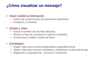¿Cómo visualizar un mensaje?

●   Hacer visible la información
    ●   Ilustrar las consecuencias de decisiones específicas.
    ●   Comparar y contrastar

●   Simple y claro
    ●   Ilustrar el análisis de una idea abstracta.
    ●   Mostrar el flujo de un proceso o sistema cambiante.
    ●   Conclusiones visibles y fáciles de llevar.

●   Estrategias:
    ●   Mapas: útiles para mostrar problemáticas geográficamente.
    ●   Tablas: útiles para mostrar cantidades y tendencias a través del tiempo
    ●   Diagramas y organigramas: procesos o relaciones
 