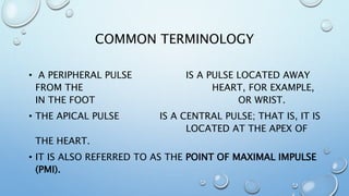 COMMON TERMINOLOGY
• A PERIPHERAL PULSE IS A PULSE LOCATED AWAY
FROM THE HEART, FOR EXAMPLE,
IN THE FOOT OR WRIST.
• THE APICAL PULSE IS A CENTRAL PULSE; THAT IS, IT IS
LOCATED AT THE APEX OF
THE HEART.
• IT IS ALSO REFERRED TO AS THE POINT OF MAXIMAL IMPULSE
(PMI).
 