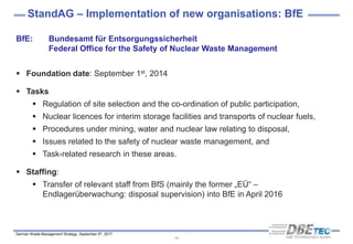 German Waste Management Strategy, September 5th, 2017
StandAG – Implementation of new organisations: BfE
18
BfE: Bundesamt für Entsorgungssicherheit
Federal Office for the Safety of Nuclear Waste Management
 Foundation date: September 1st, 2014
 Tasks
 Regulation of site selection and the co-ordination of public participation,
 Nuclear licences for interim storage facilities and transports of nuclear fuels,
 Procedures under mining, water and nuclear law relating to disposal,
 Issues related to the safety of nuclear waste management, and
 Task-related research in these areas.
 Staffing:
 Transfer of relevant staff from BfS (mainly the former „EÜ“ –
Endlagerüberwachung: disposal supervision) into BfE in April 2016
 