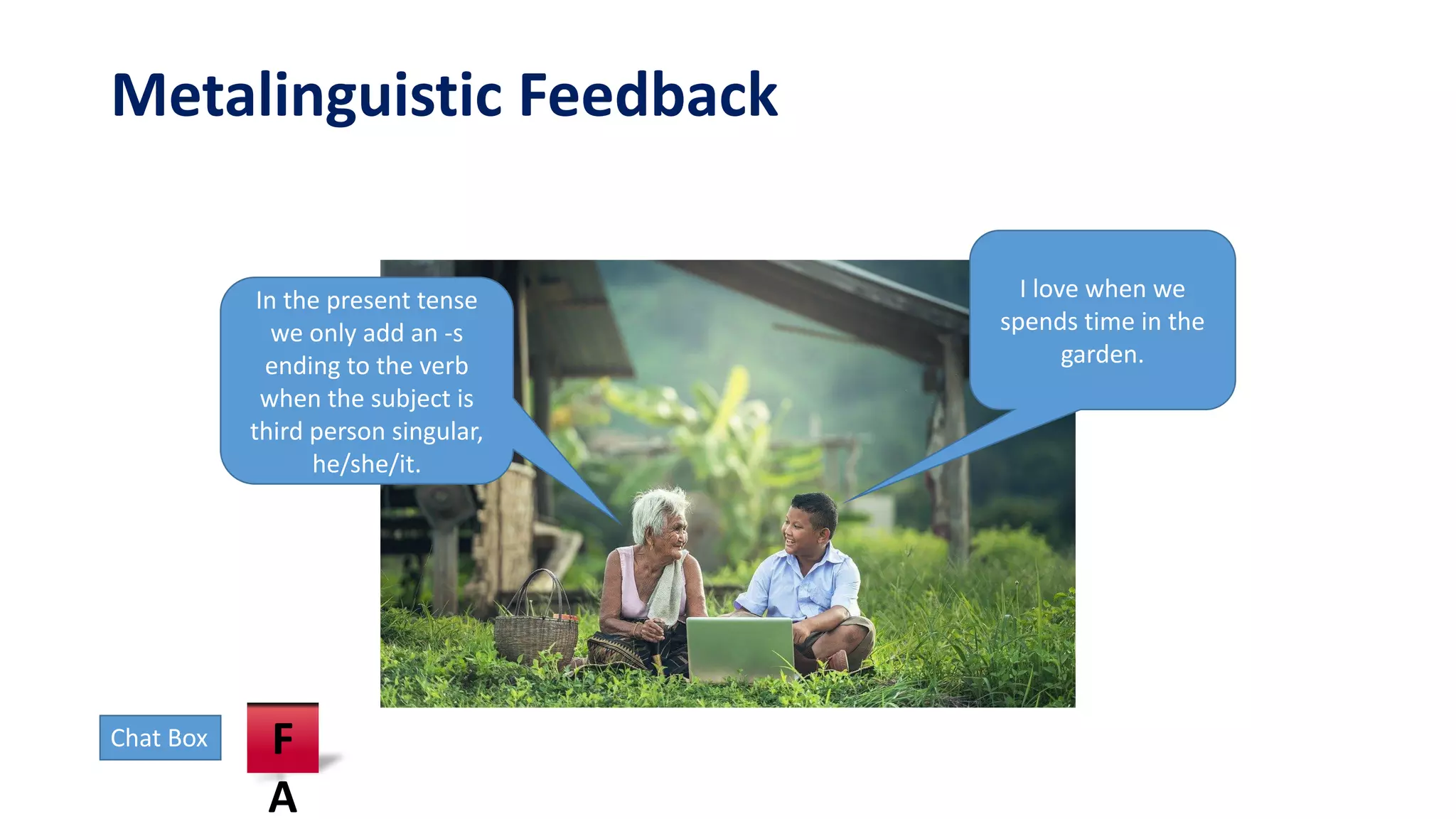 Metalinguistic Feedback
I love when we
spends time in the
garden.
In the present tense
we only add an -s
ending to the verb
when the subject is
third person singular,
he/she/it.
Chat Box F
A
 