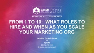 FROM 1 TO 10: WHAT ROLES TO
HIRE AND WHEN AS YOU SCALE
YOUR MARKETING ORG
Jennifer Pockell Dimas
CMO
Egnyte
@jenpwkboxer
linkedin.com/in/jenpd/
 