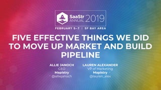 FIVE EFFECTIVE THINGS WE DID
TO MOVE UP MARKET AND BUILD
PIPELINE
ALLIE JANOCH
CEO
Mapistry
@alliejanoch
LAUREN ALEXANDER
VP of Marketing
Mapistry
@lauren_alex
 
