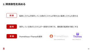 11
2. 障害耐性を高める
監視システムが依存している他のシステムが落ちると監視システムも落ちる
背 景
依存している他のシステムが一部落ちた時でも、最低限の監視を可能にする
手 段 Prometheus+Thanosを採用
目 的
https://prometheus.io/ https://thanos.io/
 
