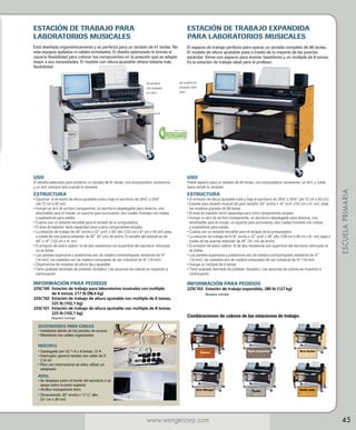ESTACIÓN DE TRABAJO PARA
LABORATORIOS MUSICALES

ESTACIÓN DE TRABAJO EXPANDIDA
PARA LABORATORIOS MUSICALES

Está diseñada ergonómicamente y es perfecta para un teclado de 61 teclas. No
más equipos apilados ni cables enredados. El diseño optimizado le brinda al
usuario flexibilidad para colocar los componentes en la posición que se adapte
mejor a sus necesidades. El modelo con altura ajustable ofrece todavía más
flexibilidad.

El espacio de trabajo perfecto para operar un teclado completo de 88 teclas.
El modelo de altura ajustable pasa a través de la mayoría de las puertas
estándar. Viene con espacio para montar bastidores y un múltiple de 8 tomas.
Es la estación de trabajo ideal para el profesor.

Se muestra
con acabado
en ostra.

Se muestra en
acabado roble
solar.

USO

ESTRUCTURA

ESTRUCTURA

INFORMACIÓN PARA PEDIDOS

INFORMACIÓN PARA PEDIDOS

El tamaño adecuado para contener un teclado de 61 teclas, una computadora, accesorios
y un atril, siempre listo cuando lo necesite
• 
Opcional: el armazón de altura ajustable sube y baja el escritorio de 28½ a 35½
(de 72 cm a 90 cm).
• 
Incluye un atril de acrílico transparente, un escritorio desplegable para diestros, una
almohadilla para el mouse, un soporte para auriculares, dos ruedas frontales con trabas
y sujetadores para cables.
•  uenta con un estante extraíble para el teclado de la computadora.
C
•  l área de bastidor tiene capacidad para cuatro componentes simples.
E
•  estación de trabajo de 48 ancho x 32 prof. x 39 alto (122 cm x 81 cm x 99 cm) pasa
La
a través de una puerta estándar de 36 (91 cm) de ancho. El tamaño del estante es de
48 x 16 (122 cm x 41 cm).
•  armazón de acero calibre 16 de alta resistencia con superficie del escritorio reforzada
El
no se dobla.
•  paneles superiores y posteriores son de madera contrachapada resistente de ¾
Los
(19 mm); los costados son de madera compuesta de uso industrial de ¾ (19 mm).
•  isponemos de modelos de altura fija y ajustable.
D
•  iene acabado laminado de poliéster duradero. Las opciones de colores se muestran a
T
continuación.
225C100	
Estación de trabajo para laboratorios musicales con múltiple
de 6 tomas, 217 lb (98,4 kg)
225C102	
Estación de trabajo de altura ajustable con múltiple de 6 tomas,
225 lb (102,1 kg)
225C101	
Estación de trabajo de altura ajustable con múltiple de 8 tomas,
225 lb (102,1 kg)
Requiere montaje.

Posee espacio para un teclado de 88 teclas, una computadora, accesorios, un atril, y rueda
hacia donde lo necesite
•  armazón de altura ajustable sube y baja el escritorio de 28½ a 35½ (de 72 cm a 90 cm).
El
• 
Estante para teclado musical de gran tamaño: 60 ancho x 16 prof. (152 cm x 41 cm), aloja
los modelos grandes de 88 teclas
•  l área de bastidor tiene capacidad para ocho componentes simples.
E
• 
Incluye un atril de acrílico transparente, un escritorio desplegable para diestros, una
almohadilla para el mouse, un soporte para auriculares, dos ruedas frontales con trabas
y sujetadores para cables.
•  uenta con un estante extraíble para el teclado de la computadora.
C
•  estación de trabajo de 61½ ancho x 32 prof. x 39 alto (156 cm x 99 cm x 81 cm) pasa a
La
través de las puertas estándar de 36 (91 cm) de ancho.
•  armazón de acero calibre 16 de alta resistencia con superficie del escritorio reforzada no
El
se dobla.
•  paneles superiores y posteriores son de madera contrachapada resistente de ¾
Los
(19 mm); los costados son de madera compuesta de uso industrial de ¾ (19 mm).
• ncluye un múltiple de 8 tomas.
I
•  iene acabado laminado de poliéster duradero. Las opciones de colores se muestran a
T
continuación.

ESCUELA PRIMARIA

USO

225C103	 Estación de trabajo expandida, 280 lb (127 kg)
Requiere montaje.

Combinaciones de colores de las estaciones de trabajo:

SUJETADORES PARA CABLES

• 
Instalados detrás de los paneles de acceso
• 
Mantienen los cables organizados

MÚLTIPLE
• 
Catalogado por UL®•  u 8 tomas, 15 A
6
• 
Interruptor general remoto con cable de 6'
(1,8 m)
•  ara uso internacional se debe utilizar un
P
adaptador

Cerezo

Tigris vespertino

Arce fusión

ATRIL

•  desplaza sobre el borde del escritorio o se
Se
apoya sobre la parte superior
• 
Acrílico transparente duro
• 
Dimensiones: 20 ancho x 111/2 alto
(51 cm x 29 cm)

Arce Wenger

www.wengercorp.com

Piedra

Roble solar

45

 