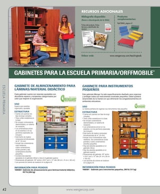 RECURSOS ADICIONALES
Productos
complementarios:

Bibliografía disponible:
(llame o descárguela de la Web)

flipFORMS, página 41

Fichas del producto, fichas
técnicas y planificador de
equipos

Enlace web: 	

www.wengercorp.com/teachingtools

Prosper High School, Prosper, Texas

GABINETES PARA LA ESCUELA PRIMARIA/ORFFMOBILE

®

ESCUELA PRIMARIA

GABINETE DE ALMACENAMIENTO PARA
LÁMINAS/MATERIAL DIDÁCTICO

GABINETE PARA INSTRUMENTOS
PEQUEÑOS

Cada gabinete cuenta con estantes ajustables con
abundante espacio y recipientes categorizados por
color que mejoran la organización.

Este gabinete Wenger ha sido específicamente diseñado para organizar
y proteger todos sus instrumentos musicales pequeños. Usted quedará
sorprendido de la manera en que eliminarán los congestionamientos en
ambientes educativos.

USO

Espacio para estantes
organizado y ajustable

USO

ESTRUCTURA

ESTRUCTURA

La manera perfecta de organizar sus instrumentos más pequeños

• Cuenta con puertas con

llave de largo completo.
• T iene cuñas niveladoras en

la base.
• Se incluyen contenedores

desmontables y un sistema
de rotulación.
• Los contenedores entran

en los estantes o en los
percheros especiales (se
incluyen).
• E stá hecho de madera

compuesta termofusionada
de   (19 mm).
¾
• Incluye tres contenedores

rojos medianos,
cuatro contenedores
azules grandes y seis
contenedores amarillos
pequeños.
• Contiene dos estantes

ajustables en el gabinete inferior y tres en el gabinete superior.
• Dimensiones del gabinete: 39 ancho x 29¼ prof. x 72 alto (99 cm x 74 cm x 183 cm)

• L as opciones de colores se muestran en la página 43.


INFORMACIÓN PARA PEDIDOS

INFORMACIÓN PARA PEDIDOS

169D001	 abinete de almacenamiento para láminas/material didáctico,
G
457 lb (206 kg)

42

•  uenta con puertas con llave de largo
C
completo.
•  iene cuñas niveladoras en la base.
T
•  incluyen contenedores
Se
desmontables y un sistema de
rotulación.
•  contenedores entran en los
Los
estantes o en los percheros especiales
(se incluyen).
•  stá hecho de madera compuesta
E
termofusionada de   (19 mm).
¾
• 
Incluye cinco contenedores rojos
medianos, dos contenedores azules
grandes y cuatro contenedores
amarillos pequeños.
•  ay seis estantes ajustables en el
H
gabinete inferior.
•  dos estantes ajustables en el
Hay
gabinete superior.
•  imensiones del gabinete: 36 ancho
D
x 23¼ prof. x 72 alto (91 cm x 59 cm
x 183 cm)
•  as opciones de colores se muestran
L
en la página 43.
166E001	
Gabinete para instrumentos pequeños, 290 lb (131 kg)

www.wengercorp.com

 