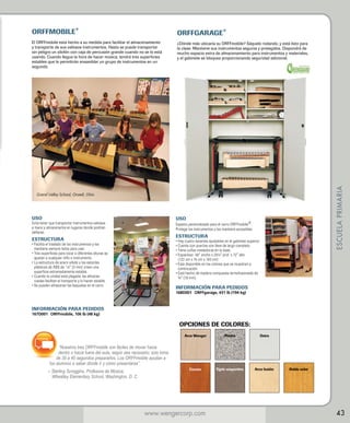 ORFFGARAGE®

El ORFFmobile está hecho a su medida para facilitar el almacenamiento
y transporte de sus valiosos instrumentos. Hasta se puede transportar
sin peligro un xilofón con caja de percusión grande cuando no se lo está
usando. Cuando llegue la hora de hacer música, tendrá tres superficies
estables que le permitirán ensamblar un grupo de instrumentos en un
segundo.

¿Dónde más ubicaría su ORFFmobile? Sáquelo rodando, y está listo para
la clase. Mantiene sus instrumentos seguros y protegidos. Dispondrá de
mucho espacio extra de almacenamiento para instrumentos y materiales,
y el gabinete se bloquea proporcionando seguridad adicional.

ESCUELA PRIMARIA

ORFFMOBILE®

Grand Valley School, Orwell, Ohio

USO

USO

Espacio personalizado para el carro ORFFmobile®.
Protege los instrumentos y los mantiene accesibles.

Evita tener que transportar instrumentos valiosos
a mano y almacenarlos en lugares donde podrían
dañarse.

ESTRUCTURA

ESTRUCTURA

•  cuatro estantes ajustables en el gabinete superior.
Hay
•  uenta con puertas con llave de largo completo.
C
•  iene cuñas niveladoras en la base.
T
• 
Espacioso: 48 ancho x 29¼ prof. x 72 alto
(122 cm x 74 cm x 183 cm)
•  stá disponible en los colores que se muestran a
E
continuación.
•  stá hecho de madera compuesta termofusionada de
E
¾ (19 mm).

• Facilita el traslado de los instrumentos y los

mantiene siempre listos para usar.
• Tres superficies para tocar a diferentes alturas se

ajustan a cualquier niño o instrumento.
• La estructura de acero sólido y los estantes

plásticos de ABS de 1/8 (3 mm) crean una
superficie extremadamente estable.
• 
Cuando la unidad está plegada, las eficaces
ruedas facilitan el transporte y lo hacen estable.
•  e pueden almacenar las baquetas en el carro.
S

INFORMACIÓN PARA PEDIDOS
168D001	 ORFFgarage, 431 lb (194 kg)

INFORMACIÓN PARA PEDIDOS
167D001	 ORFFmobile, 106 lb (48 kg)

OPCIONES DE COLORES:
Arce Wenger

Piedra

Ostra

Cerezo

Tigris vespertino

Arce fusión

“Nuestros tres ORFFmobile son fáciles de mover hacia
dentro o hacia fuera del aula, según sea necesario; solo toma
de 30 a 40 segundos prepararlos. Los ORFFmobile ayudan a
los alumnos a saber dónde ir y cómo presentarse”.
	
– Sterling Scroggins, Profesora de Música,
		 Wheatley Elementary School, Washington, D. C.

www.wengercorp.com

Roble solar

43

 