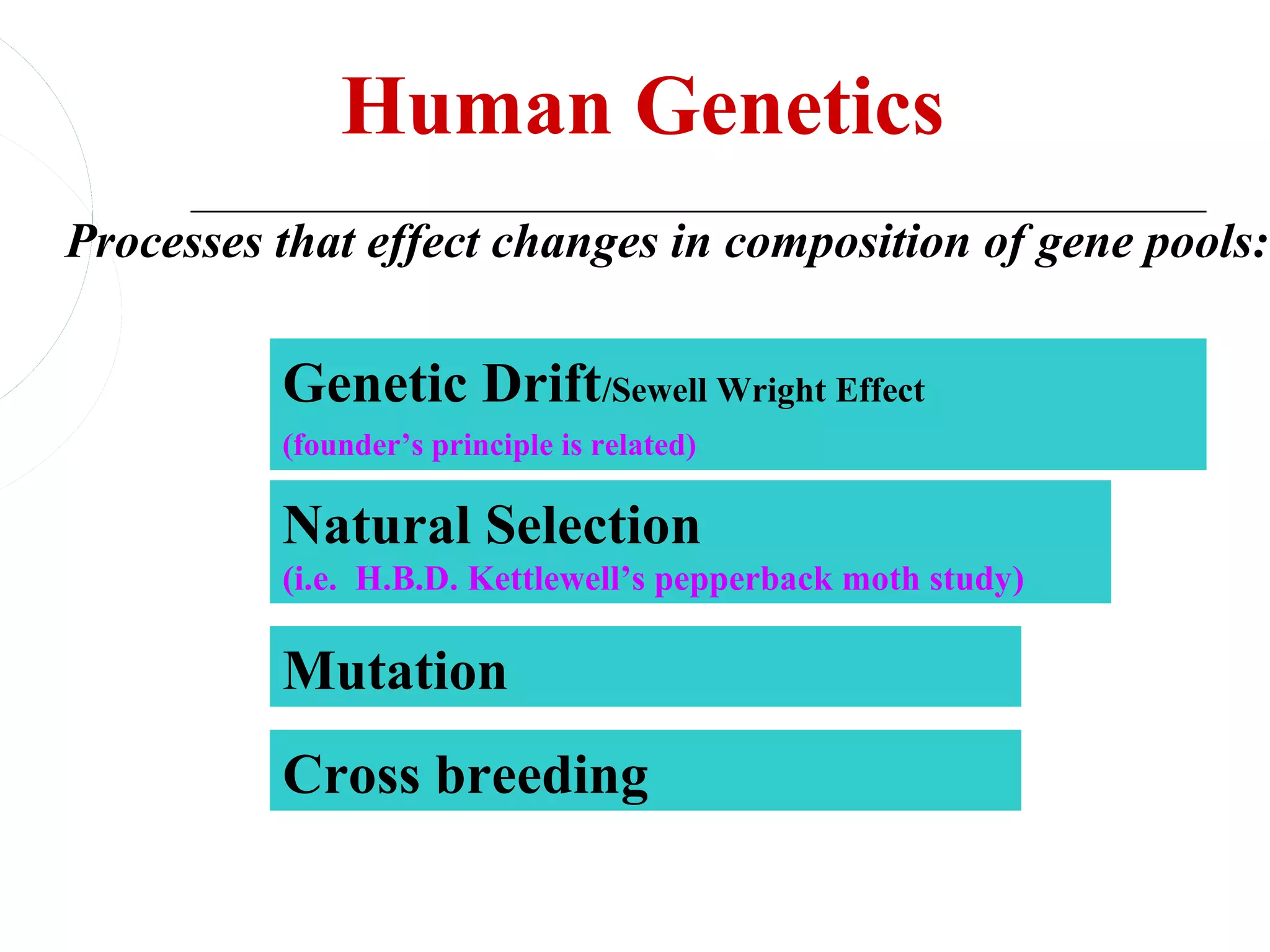 Human Genetics
Processes that effect changes in composition of gene pools:

          Genetic Drift/Sewell Wright Effect
          (founder’s principle is related)

          Natural Selection
          (i.e. H.B.D. Kettlewell’s pepperback moth study)

          Mutation
          Cross breeding
 