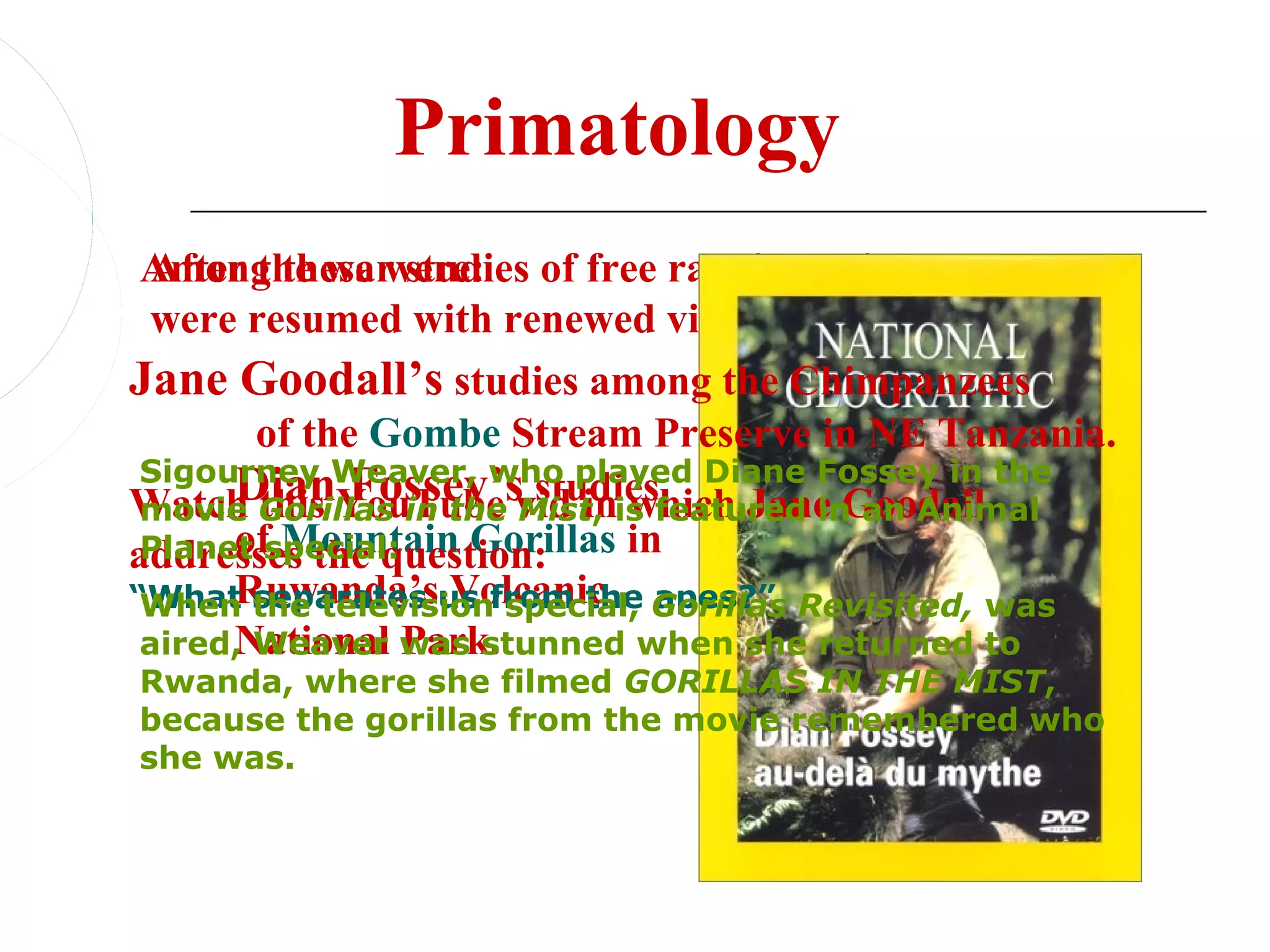 Primatology
 Among these were: of free ranging primates
 After the war studies
 were resumed with renewed vigor.
Jane Goodall’s studies among the Chimpanzees
        of the Gombe Stream Preserve in NE Tanzania.
 Sigourney Weaver, who played Diane Fossey in the
      Dian Fossey’s studies
Watch Gorillas in the vid inis featured in an Animal
 movie this YouTube Mist, which Jane Goodall
      of Mountain Gorillas in
 Planet special:
addresses the question:
      Ruwanda’s Volcanic
“What separates us from the Gorillas Revisited, was
 When the television special, apes?”
      National Park.
 aired, Weaver was stunned when she returned to
Rwanda, where she filmed GORILLAS IN THE MIST,
because the gorillas from the movie remembered who
she was.
 