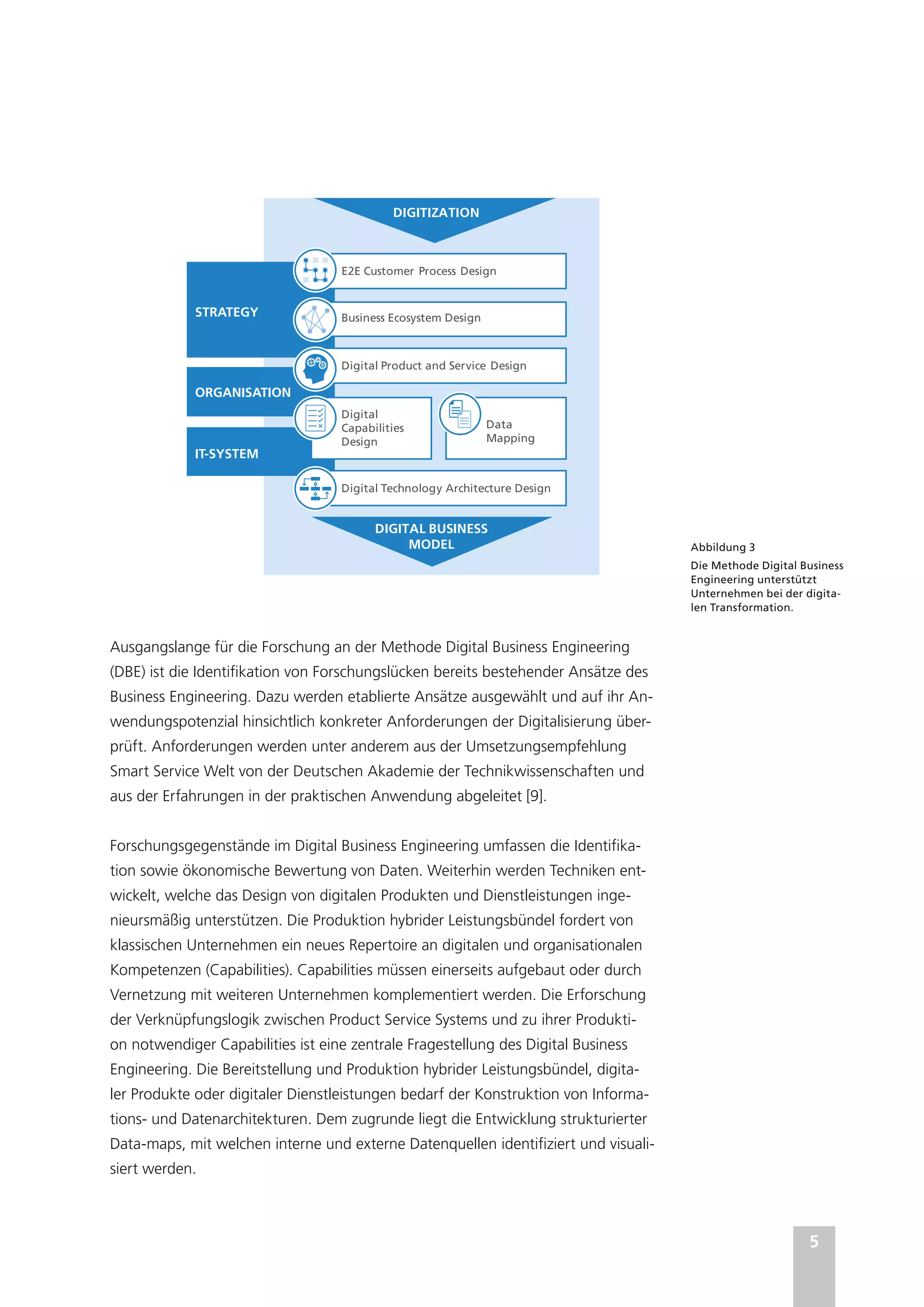 5
STRATEGY
ORGANISATION
IT-SYSTEM
Digital Technology Architecture Design
Digital
Capabilities
Design
Data
Mapping
Digital Product and Service Design
Business Ecosystem Design
E2E Customer Process Design
DIGITAL BUSINESS
MODEL
DIGITIZATION
Abbildung 3
Die Methode Digital Business
Engineering unterstützt
Unternehmen bei der digita-
len Transformation.
Ausgangslange für die Forschung an der Methode Digital Business Engineering
(DBE) ist die Identifikation von Forschungslücken bereits bestehender Ansätze des
Business Engineering. Dazu werden etablierte Ansätze ausgewählt und auf ihr An-
wendungspotenzial hinsichtlich konkreter Anforderungen der Digitalisierung über-
prüft. Anforderungen werden unter anderem aus der Umsetzungsempfehlung
Smart Service Welt von der Deutschen Akademie der Technikwissenschaften und
aus der Erfahrungen in der praktischen Anwendung abgeleitet [9].
Forschungsgegenstände im Digital Business Engineering umfassen die Identifika-
tion sowie ökonomische Bewertung von Daten. Weiterhin werden Techniken ent-
wickelt, welche das Design von digitalen Produkten und Dienstleistungen inge-
nieursmäßig unterstützen. Die Produktion hybrider Leistungsbündel fordert von
klassischen Unternehmen ein neues Repertoire an digitalen und organisationalen
Kompetenzen (Capabilities). Capabilities müssen einerseits aufgebaut oder durch
Vernetzung mit weiteren Unternehmen komplementiert werden. Die Erforschung
der Verknüpfungslogik zwischen Product Service Systems und zu ihrer Produkti-
on notwendiger Capabilities ist eine zentrale Fragestellung des Digital Business
Engineering. Die Bereitstellung und Produktion hybrider Leistungsbündel, digita-
ler Produkte oder digitaler Dienstleistungen bedarf der Konstruktion von Informa-
tions- und Datenarchitekturen. Dem zugrunde liegt die Entwicklung strukturierter
Data-maps, mit welchen interne und externe Datenquellen identifiziert und visuali-
siert werden.
 