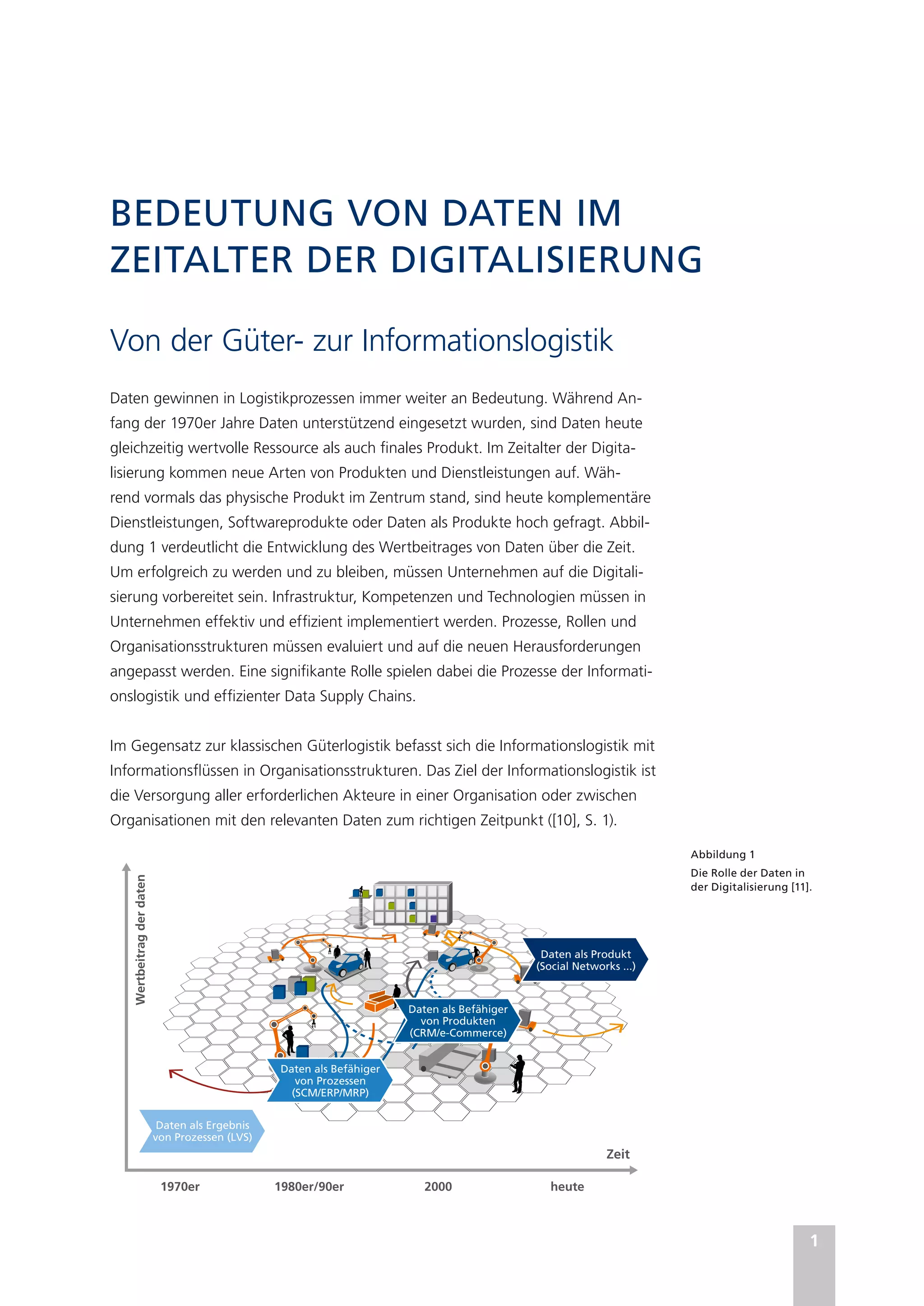 1
BEDEUTUNG VON DATEN IM
ZEITALTER DER DIGITALISIERUNG
Von der Güter- zur Informationslogistik
Daten gewinnen in Logistikprozessen immer weiter an Bedeutung. Während An-
fang der 1970er Jahre Daten unterstützend eingesetzt wurden, sind Daten heute
gleichzeitig wertvolle Ressource als auch finales Produkt. Im Zeitalter der Digita-
lisierung kommen neue Arten von Produkten und Dienstleistungen auf. Wäh-
rend vormals das physische Produkt im Zentrum stand, sind heute komplementäre
Dienstleistungen, Softwareprodukte oder Daten als Produkte hoch gefragt. Abbil-
dung 1 verdeutlicht die Entwicklung des Wertbeitrages von Daten über die Zeit.
Um erfolgreich zu werden und zu bleiben, müssen Unternehmen auf die Digitali-
sierung vorbereitet sein. Infrastruktur, Kompetenzen und Technologien müssen in
Unternehmen effektiv und effizient implementiert werden. Prozesse, Rollen und
Organisationsstrukturen müssen evaluiert und auf die neuen Herausforderungen
angepasst werden. Eine signifikante Rolle spielen dabei die Prozesse der Informati-
onslogistik und effizienter Data Supply Chains.
Im Gegensatz zur klassischen Güterlogistik befasst sich die Informationslogistik mit
Informationsflüssen in Organisationsstrukturen. Das Ziel der Informationslogistik ist
die Versorgung aller erforderlichen Akteure in einer Organisation oder zwischen
Organisationen mit den relevanten Daten zum richtigen Zeitpunkt ([10], S. 1).
Abbildung 1
Die Rolle der Daten in
der Digitalisierung [11].
1970er
Wertbeitrag
der
daten
Zeit
1980er/90er 2000 heute
Daten als Ergebnis
von Prozessen (LVS)
Daten als Befähiger
von Prozessen
(SCM/ERP/MRP)
Daten als Befähiger
von Produkten
(CRM/e-Commerce)
Daten als Produkt
(Social Networks ...)
 