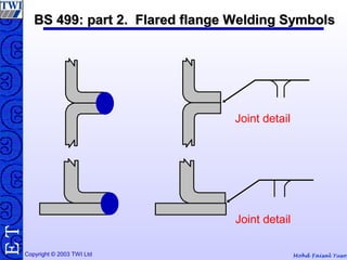 Mohd Faisal YusofCopyright © 2003 TWI Ltd
TE BS 499: part 2. Flared flange Welding SymbolsBS 499: part 2. Flared flange Welding Symbols
Joint detail
Joint detail
 