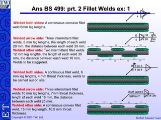 Mohd Faisal YusofCopyright © 2003 TWI Ltd
TE Ans BS 499: prt. 2 Fillet Welds ex: 1Ans BS 499: prt. 2 Fillet Welds ex: 1
1. Welded both sides: A continuous concave fillet
weld 6mm leg lengths.
2. Welded arrow side: Three intermittent fillet
welds, 6 mm leg lengths, the length of each weld
20 mm, the distance between each weld 30 mm.
Welded other side: Two intermittent fillet welds
12 mm leg lengths, the length of each weld 30
mm, the distance between each weld 10 mm.
Welds to be staggered.
3. Welded both sides. A continuous fillet weld, 6
mm leg lengths, 4 mm throat thickness, welds to
be carried out on site.
4. Welded arrow side: Three intermittent fillet
welds 10 mm leg lengths, 7mm throat thickness,
length of each weld 15 mm, the distance
between each weld 25 mm.
Welded other side: A continuous convex fillet
weld, 15 mm leg length, 10.5 mm throat
thickness.
6
6
2 x 30 (10)12
6 3 x 20 (30)
10 1030 10 30
20 202030 30
(b) 6 (a) 4
(b) 6 (a) 4
15 1515 2525
(b)15 (a)10.5
(b)10 (a)7 3 x 15 (25)
 