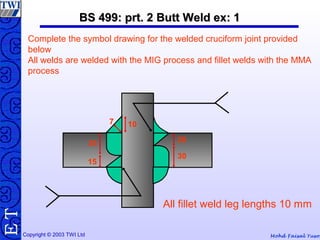Mohd Faisal YusofCopyright © 2003 TWI Ltd
TE BS 499: prt. 2 Butt Weld ex: 1BS 499: prt. 2 Butt Weld ex: 1
Complete the symbol drawing for the welded cruciform joint provided
below
All welds are welded with the MIG process and fillet welds with the MMA
process
20
30
35
15
107
All fillet weld leg lengths 10 mm
 