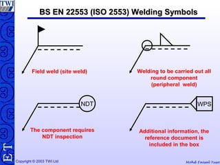 Mohd Faisal YusofCopyright © 2003 TWI Ltd
TE
Field weld (site weld)
NDT
The component requires
NDT inspection
WPS
Additional information, the
reference document is
included in the box
Welding to be carried out all
round component
(peripheral weld)
BS EN 22553 (ISO 2553) Welding SymbolsBS EN 22553 (ISO 2553) Welding Symbols
 