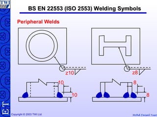 Mohd Faisal YusofCopyright © 2003 TWI Ltd
TE BS EN 22553 (ISO 2553) Welding SymbolsBS EN 22553 (ISO 2553) Welding Symbols
z10 z8
10
10
8
8
Peripheral Welds
 
