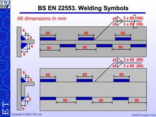 Mohd Faisal YusofCopyright © 2003 TWI Ltd
TE BS EN 22553. Welding SymbolsBS EN 22553. Welding Symbols
8
8
6
6
z8
z6
3 x 80 (90)
3 x 80 (90)
80 80 80
909090
z5
z6
3 x 80 (90)
3 x 80 (90)
80 80 80
909090
5
5
6
6
All dimensions in mm
 