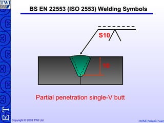 Mohd Faisal YusofCopyright © 2003 TWI Ltd
TE
Partial penetration single-V butt
10
S10
BS EN 22553 (ISO 2553) Welding SymbolsBS EN 22553 (ISO 2553) Welding Symbols
 