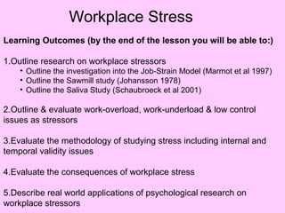 Learning Outcomes (by the end of the lesson you will be able to:)
1.Outline research on workplace stressors
• Outline the investigation into the Job-Strain Model (Marmot et al 1997)
• Outline the Sawmill study (Johansson 1978)
• Outline the Saliva Study (Schaubroeck et al 2001)
2.Outline & evaluate work-overload, work-underload & low control
issues as stressors
3.Evaluate the methodology of studying stress including internal and
temporal validity issues
4.Evaluate the consequences of workplace stress
5.Describe real world applications of psychological research on
workplace stressors
Workplace Stress
 