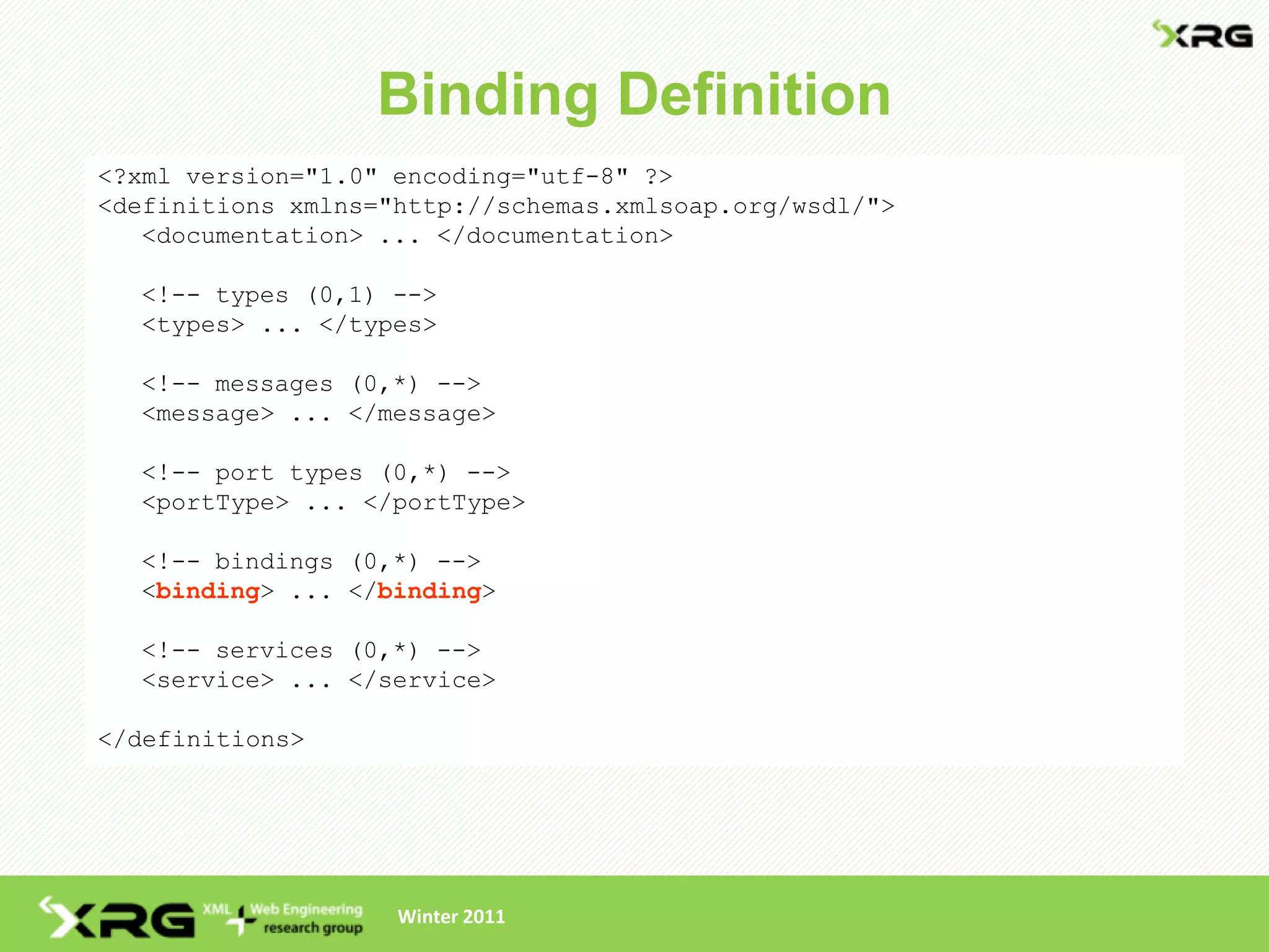 Binding Definition
<?xml version="1.0" encoding="utf-8" ?>
<definitions xmlns="http://schemas.xmlsoap.org/wsdl/">
   <documentation> ... </documentation>

  <!-- types (0,1) -->
  <types> ... </types>

  <!-- messages (0,*) -->
  <message> ... </message>

  <!-- port types (0,*) -->
  <portType> ... </portType>

  <!-- bindings (0,*) -->
  <binding> ... </binding>

  <!-- services (0,*) -->
  <service> ... </service>

</definitions>




                    Winter 2011
 