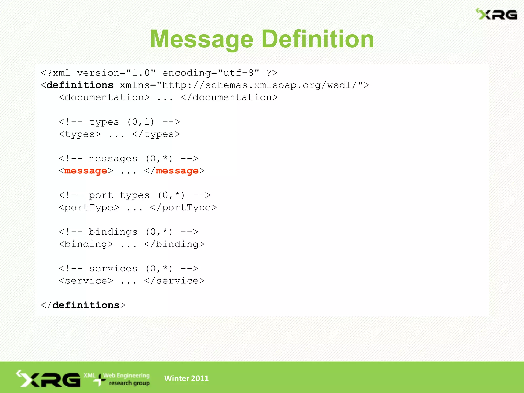 Message Definition
<?xml version="1.0" encoding="utf-8" ?>
<definitions xmlns="http://schemas.xmlsoap.org/wsdl/">
   <documentation> ... </documentation>

  <!-- types (0,1) -->
  <types> ... </types>

  <!-- messages (0,*) -->
  <message> ... </message>

  <!-- port types (0,*) -->
  <portType> ... </portType>

  <!-- bindings (0,*) -->
  <binding> ... </binding>

  <!-- services (0,*) -->
  <service> ... </service>

</definitions>




                    Winter 2011
 