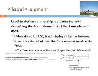 <label> element
25


          Used to define relationship between the text
           describing the form element and the form element
           itself.
            Unless styled by CSS, is not displayed by the browser.
            If you click the label, then the form element receives the
             focus.
               The   form element must have an id specified for this to work
     First Name: <input type="text" name="firstname"><br>

     <label for="firstname">First Name: </label>
     <input type="text" id="firstname" name="firstname">




                                                            Clicking on label gives form
                                                            element the focus.
 