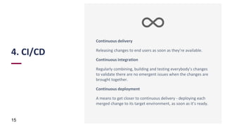 4. CI/CD
15
Continuous delivery
Releasing changes to end users as soon as they’re available.
Continuous integration
Regularly combining, building and testing everybody’s changes
to validate there are no emergent issues when the changes are
brought together.
Continuous deployment
A means to get closer to continuous delivery - deploying each
merged change to its target environment, as soon as it’s ready.
 