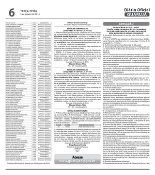 IRACI SA COELHO 14.387 REQUERIMENTO
ISABEL CRISTINA DE O KURIBARA 12.977 Processo nº 33033/2015
ISIS MARIA RIBEIRO ANDRE 13.283 Processo nº 33203/2015
JANETE GARCEZ DOS SANTOS 10.971 Processo nº 10975/2007
JOAO CARLOS ALBUQUERQUE DA CUNHA 3.717 Processo nº 27666/2015
JOAO OLIMPIO ALVES NETO 17.758 Portaria nº 1402/2015
JOSELIA SANTANA FERREIRA 12.056 Processo nº 26567/2015
JUAREZ MENDES DE AZEVEDO 5.598 Processo nº 27698/2015
KATIA APARECIDA B BRONCHTEIN DOS ANJOS 4.251 REQUERIMENTO
KELLY CRISTINA CASTRO MUNIZ DA SILVA 18.709 Processo nº 36707/2015
LEILA SAMIA TOVAR HOSTINS 10.542 Processo nº 36657/2015
LICIA SANTOS DE MENEZES 18.618 Processo nº 36703/2015
LICIA SANTOS DE MENEZES 18.618 Processo nº 36970/2015
LICIA SANTOS DE MENEZES 18.618 Processo nº 36971/2015
LOURIVAL LANDGRAF JUNIOR 20.744 Processo nº 22337/2015
LUCIAIRENELACERDAREISDENORONHAGALVAO 10.453 Processo nº 31474/2015
LUCIMEIRE DOS SANTOS 16.839 Processo nº 36252/2015
LUIZ CARLOS MARIANO 13.430 REQUERIMENTO
MAGALI ELIANA CAVALCANTE RODRIGUES 16.034 REQUERIMENTO
MAGDA GORETE MERKX DIEGUES 10.970 Processo nº 35697/2015
MARCELLE SILVA DA COSTA 16.249 Processo nº 24962/2015
MARCELO MOREIRA PINTO 19.078 REQUERIMENTO
MARCELO OLIVEIRA DA SILVA 13.697 Portaria nº 1417/2015
MARCIA ALVES VIEIRA 18.026 Processo nº 38212/2015
MARCIA BELCHIOR PEIXOTO 11.509 REQUERIMENTO
MARCIA CRISTINA O DA SILVA 13.225 Processo nº 20206/2015
MARGARET SIMOES RODRIGUES 10.559 Processo nº 14943/2011
MARIA ANGELICA COUTO R MARTIM 13.177 Processo nº 36973/2015
MARIA EUNICE ALMEIDA LIMA 5.824 REQUERIMENTO
MARIA FERNANDA T. DOS S. RIBEIRO 15.057 Processo nº 35694/2015
MARIAFERNANDATEIXEIRADOSSANTOSRIBEIRO 15.057 Processo nº 36705/2015
MARIA GENI DE OLIVEIRA AUGUSTO 16.102 REQUERIMENTO
MARIA REGIANE DE OLIVEIRA SANTOS 19.388 Portaria nº 1397/2015
MARIA REGINA CARVALHO 18.394 Processo nº 32677/2015
MARIA VALERIA MANEIRA MANCUSO 16.144 Processo nº 36654/2015
MARINA MARICO MICHE AZEVEDO 11.144 Processo nº 33200/2015
MARLENE SILVANO 18.519 Processo nº 34089/2015
MASSAO SOEZIMA 12.435 Processo nº 25973/2015
MILTON ADALTON ARAUJO DE OLIVEIRA 18.265 Processo nº 31720/2015
MONICA GORDIANO CASTORINO 13.592 Processo nº 22337/2015
MONICA SIMOES MAGALHAES 8.173 Processo nº 36650/2015
NETANIA PADUA RIBEIRO SILVA 15.059 Processo nº 35285/2015
OZANA DE PAULA CARVALHO SILVA 10.564 Processo nº 30522/2015
PALMIRA BATISTA DOS SANTOS 19.688 REQUERIMENTO
PARAISO DEODATO DA SILVA 12.722 Processo nº 29949/2015
PAULO JOSE C P BARBOSA 13.999 REQUERIMENTO
PAULO RODRIGO DINIZ 13.484 Processo nº 36685/2015
PAULO SERGIO LOPES 12.928 Processo nº 36058/2015
REGIANE DOS SANTOS PASSOS DE MORAES 16.743 Processo nº 36566/2015
REGINA CELIA LIMA ALVES NEVES 14.880 Processo nº 36966/2015
REGINA DE LIMA LIMA 15.910 REQUERIMENTO
REGINA DE OLIVEIRA MATIAS 17.812 Processo nº 25695/2015
REGINA LIEUTHIER RIBEIRO 16.927 Processo nº 31716/2015
RENATA MARTINS DE SOUZA BERNARDO 11.745 Portaria nº 1397/2015
ROBERTA DUARTE DOS SANTOS 20.587 Processo nº 35978/2015
ROBERTO DO ROSARIO 18.362 Processo nº 26200/2015
ROSANGELA STARNINI NEGREIROS 12.364 REQUERIMENTO
ROSELI CELIA OLIVEIRA DA SILVA 12.151 Processo nº 32961/2015
ROSELY DE OLIVEIRA MORAES 7.085 Processo nº 24518/2015
ROSELY DE OLIVEIRA MORAES 7.085 Processo nº 28290/2015
SANDRA CRISTINA MARIA S ROSSETE 15.635 Processo nº 28566/2015
SEBASTIAO ROBERTO S PRESTJORD 14.416 REQUERIMENTO
SERGIO APARECIDO MENDES SANTOS 18.514 Processo nº 32452/2015
SHIRLE APARECIDA DO AMPARO LIMA 12.134 Processo nº 36702/2015
SHIRLE APARECIDA DO AMPARO LIMA 12.134 Processo nº 26966/2015
SILMARA MARQUES 10.396 Processo nº 36957/2015
SILMARA MARQUES 16.821 Processo nº 36958/2015
SIMONE LIMA DOS SANTOS 15.860 Processo nº 23872/2015
SIMONE SANTOS DE SOUZA SANT ANNA 13.021 Processo nº 35293/2015
SOLANGE DE LOURDES COSTA SALGADO 14.339 Processo nº 06663/2011
SUSANE SANTOS MATOS DE SOUZA 20.537 Processo nº 36974/2015
TANIA JANAINA DOS SANTOS COELHO 20.362 REQUERIMENTO
THAIS CRUZ AMORIM DE OLIVEIRA 13.033 Processo nº 36968/2015
VALERIA ALBUQUERQUE BERNARDES 12.136 Processo nº 36969/2015
VALQUIRIA DE OLIVEIRA ARAGAO 19.446 REQUERIMENTO
VANDERLEI GALDINO DE LIMA 19.454 Processo nº 43988/2014
VINICIUS GOMES DA SILVA 19.569 REQUERIMENTO
VIVIAN BATOCHIO DA SILVA BERNARDES 14.888 REQUERIMENTO
ZEILA CERQUEIRA PEREIRA DAS MERCES 16.336 Processo nº 29544/2015
ZILMA MARIA DA CONCEICAO 14.767 Processo nº 22037/2015
Prefeitura Municipal de Guarujá, em 04 de janeiro de 2016.
Débora de Lima Lourenço
Secretária Adjunta de Administração
­EDITAL DE COMUNICAÇÃO
(artigo 160 § 3º e § 4º da L. C. nº 135)
A Prefeitura Municipal de Guarujá, Estado de São Paulo, através
da Secretaria Municipal de Administração, comunica o(a) Sr.(a.)
EDSON DE SOUZA DOURADO – prontuário nº 17.106, em obe-
diência ao artigo 160 § 3º e § 4º da Lei Complementar nº 135,
que consta procedimento administrativo instaurado no processo
nº 36.675/2015, com a fundamentação legal dos artigos 160 §
1º, § 3º e § 4º da citada Lei Complementar.
Fica o servidor acima indicado convocado para manifestar-se
acerca do que consta no processo citado.
O processo administrativo encontra-se na Folha de Pagamento
– ADMGP - 4 (2º andar - sala nº 65), desta Prefeitura, sito a Av.
Santos Dumont, n° 640, Santo Antônio, no horário das 12 às 16
horas, sendo que a partir de 03 (três) dias uteis a contar desta
publicação no Diário Oficial do Município, será cumprido o que
estabelece o artigo 160 da Lei Complementar nº 135.
Guarujá, 04 de janeiro de 2016.
Elias de Oliveira Filho
FG – S3 – Coordenador III
­EDITAL DE COMUNICAÇÃO
(artigo 160 § 3º e § 4º da L. C. nº 135)
A Prefeitura Municipal de Guarujá, Estado de São Paulo, através
da Secretaria Municipal de Administração, comunica o(a) Sr.(a.)
PAULO ROBERTO DOS SANTOS – prontuário nº 14.005, em
obediência ao artigo 160 § 3º e § 4º da Lei Complementar nº 135,
que consta procedimento administrativo instaurado no processo
nº 36.227/2015, com a fundamentação legal dos artigos 160 §
1º, § 3º e § 4º da citada Lei Complementar.
Fica o servidor acima indicado convocado para manifestar-se
acerca do que consta no processo citado.
O processo administrativo encontra-se na Folha de Pagamento
– ADMGP - 4 (2º andar - sala nº 65), desta Prefeitura, sito a Av.
Santos Dumont, n° 640, Santo Antônio, no horário das 12 às 16
horas, sendo que a partir de 03 (três) dias úteis a contar desta
publicação no Diário Oficial do Município, será cumprido o que
estabelece o artigo 160 da Lei Complementar nº 135.
Guarujá, 04 de janeiro de 2016.
Elias de Oliveira Filho
FG – S3 – Coordenador III
EDITAL DE CONVOCAÇÃO
A Prefeitura Municipal de Guarujá, Estado de São Paulo, através
da Secretaria Mun. de Administração – ADM, convoca a candi-
data abaixo relacionada, aprovada em Concurso Público Edital
nº.001/2011–SEDESC–ASSISTENTESOCIAL–LEICOMPLEMENTAR
Nº.135/2012, conforme o que foi decidido no Processo Adminis-
trativo Nº.25745/2015 - SEDEAS:
CLASSIF. Nº.INSCR. NOME DA CONCURSADA
68º. 450586 MARIA FERNANDA DA SILVA
A candidata acima mencionada, deverá comparecer no prazo de
03 (três) dias úteis, a saber: 05, 06 e 07/01/2016 (3ª. 4ª e 5ª. feira),
junto ao Recursos Humanos (térreo - sala 33) da Prefeitura Mu-
nicipal – Paço Raphael Vitiello, sito a Av. Santos Dumont, nº. 640,
Santo Antonio – Guarujá, sendo que nos dias 05 e 07/01/2016
(3ª e 5ª. feira) das 09hs00 às 11hs00., e, no dia 06/01/2016 (4ª.
feira) das 14hs00 às 16hs00., para fins de processo admissional.
Guarujá, 30 de dezembro de 2015
Diego Bezerra Pereira
Diretor de Gestão de Pessoas
ADM GP
fagm
EDUCAÇÃO
RESOLUÇÃO Nº 01/2016 - SEDUC
“DISPÕE SOBRE A ELABORAÇÃO DO CALENDÁRIO
ESCOLAR PARA O ANO DE 2016 NAS ESCOLAS DA
REDE MUNICIPAL DE ENSINO DE GUARUJÁ”
A Secretária de Educação no uso de suas atribuições e con-
siderando:
1- A Lei nº 9.394/96 que estabelece as Diretrizes e Bases da Edu-
cação Nacional especificamente em seus artigos 12 inciso III, 23
parágrafo 2º e 24 inciso I;
2- As diretrizes da Secretaria Municipal de Educação;
3- O Calendário Oficial do Município, Decreto nº 11.658, publicado
no Diário Oficial do Município de Guarujá em 23 de dezembro
de 2015.
RESOLVE:
Art. 1º. Com base na minuta do calendário enviado às unidades
de ensino, os gestores deverão organizar o calendário da Unidade
de sua responsabilidade de forma a garantir os 200 (duzentos)
dias letivos de efetivo trabalho escolar, a carga horária anual es-
tabelecida na matriz curricular e ainda o cumprimento específico
dos cursos semestrais.
Art. 2º. Os dias letivos serão assegurados mediante a participação
dos alunos e professores em atividades de aula, como também
através de programações diferenciadas que motivem, estimulem
e garantam a aprendizagem.
§ 1º Os eventos e atividades programadas deverão estar previstas
no calendário.
§ 2º Não serão autorizados eventos não programados que com-
prometam o cumprimento legal de dias letivos, bem como a
carga horária.
§ 3º Quando do não cumprimento de dia letivo e/ou aulas, a
Unidade de Ensino deverá apresentar uma proposta de reposição
à Secretaria de Educação.
Art. 3º. O gestor deverá oportunizar a participação do corpo
docente na elaboração do calendário escolar e posteriormente
encaminhá-lo para aprovação do Conselho de Escola e homolo-
gação da Secretaria de Educação.
Parágrafo Único. Mediante a necessidade de se efetuar alguma
alteração no calendáriojáhomologado,ogestordeverásubmetê-
-lo à apreciação do Supervisor de Ensino da referida unidade para
posterior homologação da alteração solicitada.
Art. 4º. A escola deverá levar em consideração para a elaboração
do calendário:
I. O início das atividades escolares;
II. Cronograma de atribuição de classes e aulas;
III. Planejamento escolar;
IV. Início dos dias letivos - 03 de fevereiro de 2016 para o Ensino
Fundamental I e II, EJA I e II, Centro de Atividades Educacionais e
Comunitárias e Educação Infantil; 04 de janeiro de 2016 para os
Núcleos de Educação Infantil Municipal e 12 de janeiro de 2016
para Núcleo de Educação Infantil Conveniada;
V.Término dos dias letivos - 14 de dezembro de 2016 para o Ensino
Fundamental I e II, Centro de Atividades Educacionais e Comuni-
tárias e Educação Infantil; para a EJA I e II dia 19 de dezembro de
2016; dia 22 de dezembro de 2016 para os Núcleos de Educação
Infantil Municipal e 23 de dezembro de 2016 para Núcleos de
Educação Infantil Conveniada;
VI. O cumprimento de dias letivos e carga horária com base na Lei
nº 9.394/96 de forma a assegurar a participação e envolvimento
dos alunos e professores;
VII. Dia 03/02/2016 início das atividades acolhimento nas U.E’s;
VIII. Discussão do Projeto Político Pedagógico com os professores
dias04e05/02/2016;Dia03/03/2016,discussãocomacomunidade
local e escolar do Projeto Político Pedagógico;
IX. Eleição para a composição dos Membros do Conselho Escolar
em 02 de março de 2016 e para posse de 07 a 11/03/2016 em
todas as unidades escolares, conforme prevê o Regimento Es-
colar; Reunião Ordinária do Conselho de Escola ao final de cada
bimestre e da Associação de Pais e Mestres em cumprimento a
legislação vigente;
X. Reuniões pedagógicas bimestrais;
XI. Reuniões bimestrais de Conselho de Classe/Ano/Termo e dos
Acesse
www.guaruja.sp.gov.br
TERÇA-FEIRA
5 de janeiro de 2016
6 GUARUJÁ
Diário Oficial
 