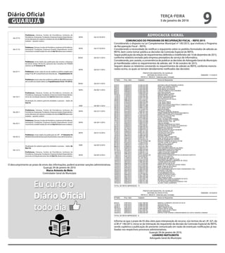 Até 27/10
Prefeituras, Câmaras, Fundos de Previdência, Institutos de
Previdência, Autarquias, Fundações, Empresas Estatais Dependentes:
enviaralteraçõesdecadastroscontábeisdomêsdeSet/16(balancetes
isolados – quando couber).
SEFIN Até 25/10/2016
Até 31/10
Prefeituras,Câmaras,FundosdePrevidência,InstitutosdePrevidência,
Autarquias, Fundações, Empresas Estatais Dependentes: enviar
movimento contábil isolado do mês de Set/16 (balancetes isolados).
SEFIN Até 27/10/2016
Até 07/11
Prefeituras: enviar dados das publicações das receitas e despesas
do ensino (artigo 256 da CE), pareceres dos Conselhos do FUNDEB
relativos ao 3º trimestre/16.
Prefeituras: enviar cópia da ata de audiência pública exigida pelo
artigo9ºdaLRF(cumprimentodemetasfiscais)–2ºquadrimestre/16.
Prefeituras: enviar cópia das audiências públicas da saúde e parecer
doConselhodeSaúderelativoao2ºquadrimestre/16(LC141/2012).
SEDUC
SEFIN
SESAU
Até 03/11/2016
Até 03/11/2016
Até 03/11/2016
Até 10/11
Prefeituras, Câmaras, Fundos de Previdência, Institutos de
Previdência, Autarquias, Fundações, Empresas Estatais Dependentes:
envio da conciliação bancária mês Set/16 (balancetes isolados).
Atualização do cadastro geral de entidades e pessoas – dados de
Out/16.
SEFIN
ADM
Até 08/11/2016
Até 08/11/2016
Até 28/11
Prefeituras, Câmaras, Fundos de Previdência, Institutos de
Previdência, Autarquias, Fundações, Empresas Estatais Dependentes:
enviaralteraçõesdecadastroscontábeisdomêsdeOut/16(balancetes
isolados – quando couber).
SEFIN Até 25/11/2016
Até 30/11
Prefeituras,Câmaras,FundosdePrevidência,InstitutosdePrevidência,
Autarquias, Fundações, Empresas Estatais Dependentes: enviar
movimento contábil isolado do mês de Out/16 (balancetes isolados).
SEFIN Até 28/11/2016
Até 05/12
Prefeituras: enviar dados da publicação da LRF – 5º bimestre/16
(RelatórioResumidodaExecuçãoOrçamentáriaeseusdemonstrativos).
SEFIN Até 01/12/2016
Até 12/12
Atualização do cadastro geral de entidades e pessoas – dados de
Nov/16.
Prefeituras, Câmaras, Fundos de Previdência, Institutos de
Previdência, Autarquias, Fundações, Empresas Estatais Dependentes:
envio da conciliação bancária mês de Out/16. (balancetes isolados).
ADM
SEFIN
Até 09/12/2016
Até 09/12/2016
O descumprimento ao prazo de envio das informações, poderá acarretar sanções administrativas.
Guarujá, 04 de janeiro de 2016
Marco Antonio de Melo
Controlador Geral do Município
ADVOCACIA GERAL
COMUNICADO DO PROGRAMA DE RECUPERAÇÃO FISCAL – REFIS 2015
Considerando o disposto na Lei Complementar Municipal nº 185/2015, que instituiu o Programa
de Recuperação Fiscal – REFIS;
Considerando a necessidade de notificar o requerente sobre os pedidos formulados de adesão ao
REFIS, bem como tornar pública as decisões da Comissão Especial do REFIS;
Segue publicação da relação de requerimentos deferidos e indeferidos até 14 de dezembro de 2015,
conforme relatório enviado pela empresa prestadora de serviço de informática.
Considerando, por cautela, a conveniência de publicar as decisões do Advogado Geral do Município
já manifestadas sobre os requerimentos de adesão, até 14 de outubro de 2015;
Seguem abaixo os relatórios constando os requerimentos de adesão ao REFIS, conforme mencio-
nados acima, os quais se tornam devidamente notificados das decisões:
Informa-se que o prazo de 05 dias úteis para interposição de recurso, nos termos do art. 8º, §2º, da
LCM nº 146/2013, inicia-se da intimação do requerente da decisão da Comissão Especial do REFIS,
sendo supletiva a publicação do presente comunicado em razão de eventuais notificações já rea-
lizadas nos respectivos processos administrativos.
Guarujá, 04 de janeiro de 2016.
LEANDRO MATSUMOTA
Advogado Geral do Município
PREFEITURA MUNICIPAL DE GUARUJÁ
SISTEMA DE DÍVIDA ATIVA EMISSÃO: 14/12/2015
REFIS LC 185/2015 - Deferidos pela Comissão
Nº Refis Proc. Adm. Cadastro Nome do Requerente
85/2015 31891/2015 3-0331-008-000 MARCELO CONRADO GOUVEIA DA SILVA
111/2015 32431/2015 3-0584-009-000 ZILDA DA SILVA
120/2015 31951/2015 3-0088-002-093 Wanderlei Pimenta
360/2015 31651/2015 3-0141-016-004 FABIO FARIAS ALVES
1001/2015 35042/2015 3-0480-089-000 RONALD REEVE GUNN
1421/2015 35342/2015 6-0013-006-001 Isabel Cristina da Silva Ribeiro
1517/2015 35682/2015 5-0000-045-182 Moacyr Bustamante
1902/2015 35472/2015 0-0039-009-007 ESPOLIO IVAN TENORIO CORDEIRO/MARIA DA COSTA TENORIO CORDEIR
TOTAL DE REFIS IMPRESSOS: 8
PREFEITURA MUNICIPAL DE GUARUJÁ
SISTEMA DE DÍVIDA ATIVA EMISSÃO: 11/12/2015
REFIS LC 185/2015 - Deferidos pela Comissão
Nº Refis Proc. Adm. Cadastro Nome do Requerente
37/2015 31640/2015 2-0126-015-000 ANTONIO CARLOS PINHEIRO ALMEIDA
66/2015 32960/2015 0-0036-002-062 DANILO DE ALMEIDA SANTOS
79/2015 32090/2015 3-0103-004-026 JOSE AUDO DOS SANTOS
80/2015 32498/2015 2-0053-008-002 Pricila Marinho de Alcantara
82/2015 32850/2015 6-0403-023-000 CARLOS ROBERTO KOLCHRAIBER
98/2015 31878/2015 3-0424-006-016 José Olavo Giannetti
99/2015 32728/2015 3-0599-023-000 Maria Inês Berardo Pereira
107/2015 31240/2015 1-0143-007-001 SIMONE MARIA VINCOV
112/2015 31780/2015 0-0032-005-063 RENATA ZACCARIA SIMONI
127/2015 31641/2015 3-0479-157-048 DECIO LIBERTINI NETO
169/2015 32851/2015 0-0071-013-047 HELITON SOUZA DE PAULA
209/2015 34894/2015 3-0418-006-001 suzana arroyo
213/2015 32181/2015 2-0000-034-959 Vivian Albano Ribeiro
214/2015 32180/2015 2-0000-035-011 Vivian Albano Ribeiro
242/2015 32121/2015 2-0000-027-089 SORVETES SUPLES INDUSTRIA E COMERCIO LTDA
244/2015 31648/2015 2-0000-016-800 VERA LUCIA GONCALVES
284/2015 32730/2015 3-0668-010-000 Paulo Sérgio Oliveira
293/2015 35453/2015 3-0115-020-000 aparecida gorgatte
312/2015 32171/2015 1-0138-001-174 jeferson luiz enegosa
326/2015 32230/2015 1-0000-027-905 Luiz Alberto de Moraes Tamayose
332/2015 33310/2015 6-1067-001-440 DANIEL HENRIQUE FREITAS DO NASCIMENTO
364/2015 33250/2015 1-0153-014-000 MINISTERIO EVANGELICO SHEKNAH
383/2015 32840/2015 6-1000-008-000 Erivaldo Francisco dos Reis
389/2015 34054/2015 0-0034-006-040 Eros Ferreira Santiago
401/2015 33071/2015 3-0112-006-004 Javier Luis Alvaro Saenz Rodrigo
404/2015 35703/2015 0-0031-010-035 ROSELI APARECIDA F. ROMERO
472/2015 35414/2015 5-0000-023-869 DAROK MODAS LTDA - ME
477/2015 35534/2015 3-0262-016-004 celia cruz sampaio
514/2015 32050/2015 1-0035-034-001 ADRIANO RODRIGUES DE PINHO
523/2015 34494/2015 6-0322-009-001 ANTONIO MARCOS SCABIA DA CONCEICAO
584/2015 32430/2015 5-0068-020-000 Mercedes de Oliveira da Anunciação
650/2015 32718/2015 2-0250-032-012 MARCIO DOS SANTOS
661/2015 35531/2015 3-0458-010-033 JOÃO BATISTA DE SOUZA MOREIRA
679/2015 32290/2015 2-0081-021-005 EDSON MANOEL GOES
724/2015 33700/2015 6-0633-001-000 Francisca da Cunha Aguiar
742/2015 35213/2015 3-1383-012-000 Roberto Perez Fragoso
745/2015 32600/2015 2-0089-028-000 EDGARD RIBEIRO
764/2015 32701/2015 6-0000-001-068 ANTONIO CARLOS MARTINS
803/2015 33068/2015 3-0075-001-191 JOSE ALVES DA COSTA JUNIOR
814/2015 35811/2015 3-0139-023-019 ARTHUR FERREIRA DE CASTRO
828/2015 32871/2015 04.670.703/0001-88 MARILZA PEREIRA DA SILVA GJA-ME
835/2015 36103/2015 1-0148-019-007 VALERIA JAYME DE CAMPOS
837/2015 33680/2015 2-0028-019-000 cleiton da silva cavalcanti
867/2015 33042/2015 1-0137-011-021 VERENICE ZEMAITIS
888/2015 32768/2015 3-0215-021-000 Jose Erivan Bento Silva
910/2015 32800/2015 1-0006-019-017 JOAO EDUARDO SIQUEIRA SALOMAO
937/2015 35973/2015 0-0000-030-028 CONDOMINIO EDIFICIO ICANHEMA
1013/2015 33430/2015 5-0000-021-579 FRANCISCO PEREIRA DE LIMA
1040/2015 35221/2015 3-0435-001-013 CAMILA ATHAYDE CARNEIRO
1047/2015 35963/2015 0-0027-014-036 MARIA MARGARIDA DIAS
1168/2015 35191/2015 05.916.555/0001-00 ASSOCIAÇAO PARADESPORTIVA DA BAIXADA SANTISTA
1169/2015 33461/2015 3-0479-065-007 Maria da Conceição Pino
1209/2015 37108/2015 271.764.758-90 marileide dos anjos gomes
1215/2015 34704/2015 3-0774-016-000 ALEXANDRE DE LABETTA FILHO
1289/2015 34954/2015 6-0994-023-000 TEREZINHA RIBEIRO GUIMARÃES DE JESUS
1337/2015 35612/2015 3-0489-004-000 LUCIENE BISPO DOS REIS
1389/2015 35853/2015 3-0173-003-000 JORGE NICOLICHE FILHO
1400/2015 34801/2015 6-0145-002-003 MARIA DE LOS ANGELES CASTRO PEREZ
1433/2015 35341/2015 6-0013-006-002 Isabel Cristina da Silva Ribeiro
1462/2015 34024/2015 0-0036-002-004 IRACI ALVES DA SILVA
1502/2015 35473/2015 0-0000-028-589 CRIS FERNANDES ARQUITETURA E ENGENHARIA LTDA
1524/2015 35503/2015 0-0000-010-034 EDUARDO JOSÉ RIMI
1529/2015 35971/2015 0-0039-011-002 luiz henrique pankowski
1535/2015 35471/2015 2-0155-005-001 ILTON MARQUES COUTO
1550/2015 35854/2015 2-0217-008-000 JORGE DE SOUZA ICHAPO
1615/2015 34913/2015 0-0000-026-448 SUZETE DE SOUZA SILVA
1656/2015 35601/2015 6-0547-064-060 Fábio Pereira de Assis
1688/2015 35962/2015 1-0016-006-110 DENIZE MARIA SANTOS FERREIRA DA SILVA
1720/2015 35361/2015 2-0000-047-552 RICARDO DO CARMO MARINHO
1832/2015 35544/2015 2-0000-010-549 LOC DE BILHAR E PEBOLIM GUARUJA LTDA
1874/2015 35444/2015 3-0504-015-000 JULIANO VIANA GUIMARAES
TOTAL DE REFIS IMPRESSOS: 71
Página 1/1
TERÇA-FEIRA
5 de janeiro de 2016
9GUARUJÁ
Diário Oficial
 