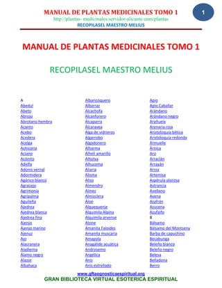 MANUAL DE PLANTAS MEDICINALES TOMO 1
http://plantas- medicinales.servidor-alicante.com/plantas
RECOPILASEL MAESTRO MELIUS
www.gftaognosticaespiritual.org
GRAN BIBLIOTECA VIRTUAL ESOTERICA ESPIRITUAL
1
MANUAL DE PLANTAS MEDICINALES TOMO 1
RECOPILASEL MAESTRO MELIUS
A
Abedul
Abeto
Abrojo
Abrotano hembra
Acanto
Acebo
Acedera
Acelga
Achicoria
Aciano
Acónito
Adelfa
Adonis vernal
Adormidera
Agárico blanco
Agracejo
Agrimonia
Agripalma
Aguileña
Ajedrea
Ajedrea blanca
Ajedrea fina
Ajenjo
Ajenjo marino
Ajenuz
Ajo
Alacranera
Aladierna
Álamo negro
Alazor
Albahaca
Albaricoquero
Albarraz
Alcachofa
Alcanforero
Alcaparra
Alcaravea
Alga de vidrieros
Algarrobo
Algodonero
Alharma
Alhelí amarillo
Alholva
Alhucema
Aliaria
Alisma
Aliso
Almendro
Almez
Almizclera
Áloe
Alquequenje
Alquimila Alpina
Alquimila arvense
Alsine
Amanita Faloides
Amanita muscaria
Amapola
Anagálide acuática
Androsemo
Angélica
Anís
Anís estrellado
Apio
Apio Caballar
Arándano
Arándano negro
Arañuela
Arenaria roja
Aristoloquia bética
Aristoloquia redonda
Armuelle
Árnica
Aro
Arraclán
Arrayán
Arroz
Artemisa
Aspérula olorosa
Astrancia
Avellano
Avena
Azafrán
Azucena
Azufaifo
B
Bálsamo
Bálsamo del Montseny
Barba de capuchino
Becabunga
Beleño blanco
Beleño negro
Belesa
Belladona
Berro
 