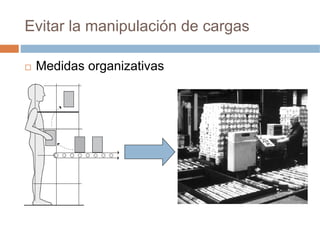 Evitar la manipulación de cargas

 Medidas organizativas
 